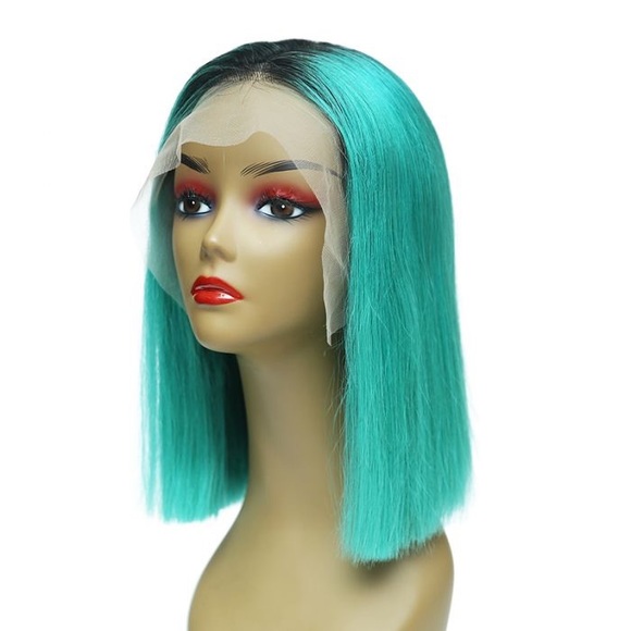 Unbranded Other - NWT 180% Density Human Hair Teal Blue Lace Front Wig With Black Roots